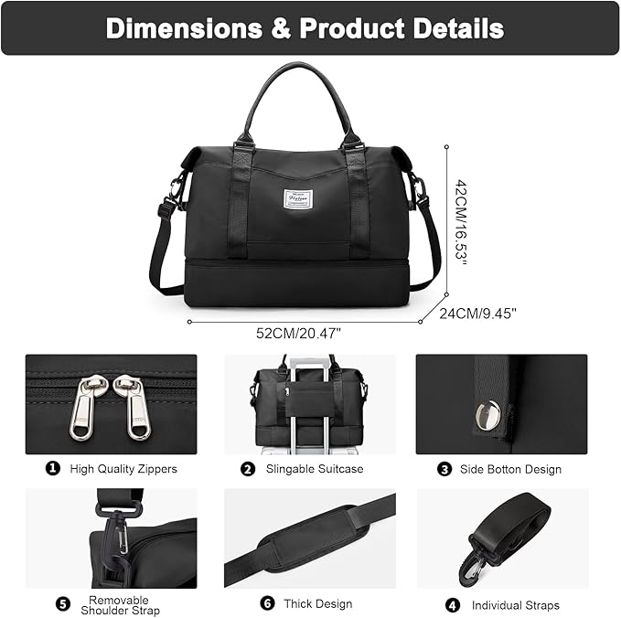 Travel Duffel Bag, Carry On Overnight Weekender Bags for Women | Travel Bag with Wet Pocket & Trolley Sleeve, For Spirit Airlines 18x14x8 Personal Item Bag