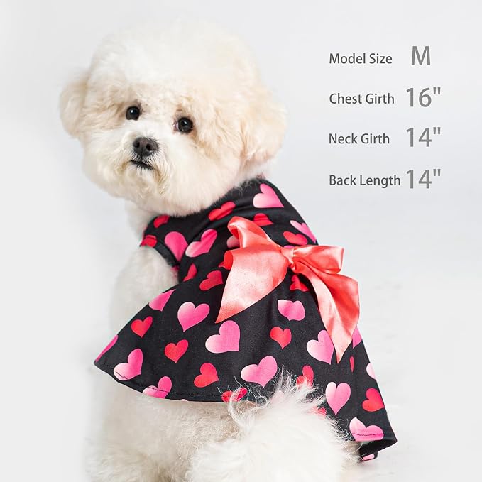 PUPTECK Print Dog Spring Dress Pet Costumes Apparel with Cute Bowtie Puppy Clothes Outfit, Heart, XS