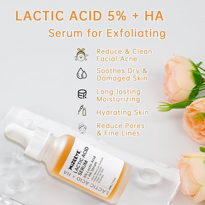 Lactic Acid Serum For Women, 30ML Moisturizing Lactic Acid 5% + Hyaluronic Acid Face Serum For Exfoliating, Dry Skin.
