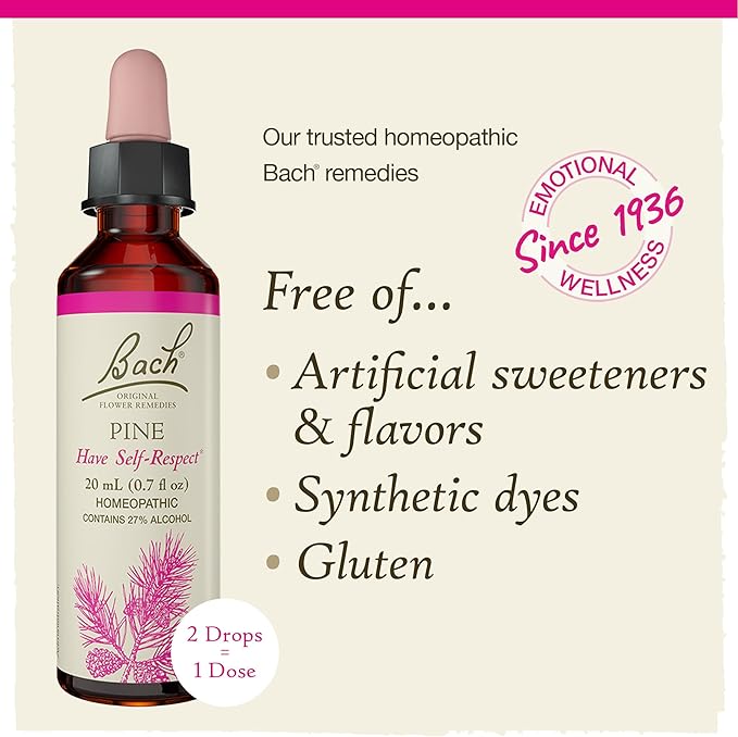 Bach Original Flower Remedies, Pine - Have Self-Respect - Natural Homeopathic Flower Essence for Emotional Balance - Vegan, Gluten Free, Sugar Free - 20mL Dropper
