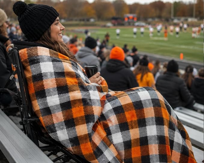 Fall Soft Fleece Throw Blanket, Orange Black White Plaid, 50x70 Oversized | Warm Cozy Fabric , Farmhouse Harvest Colors, For Living Room Sofa Couch Bed Chair Dorm Outdoors, Seasonal Gift or Home Décor