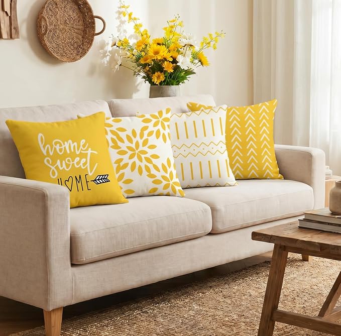 YCOLL Pillow Covers 20x20 Set of 4, Modern Sofa Throw Pillow Cover, Decorative Outdoor Linen Pillow Covers Set of 4 for Couch Sofa Bed and Car, Yellow