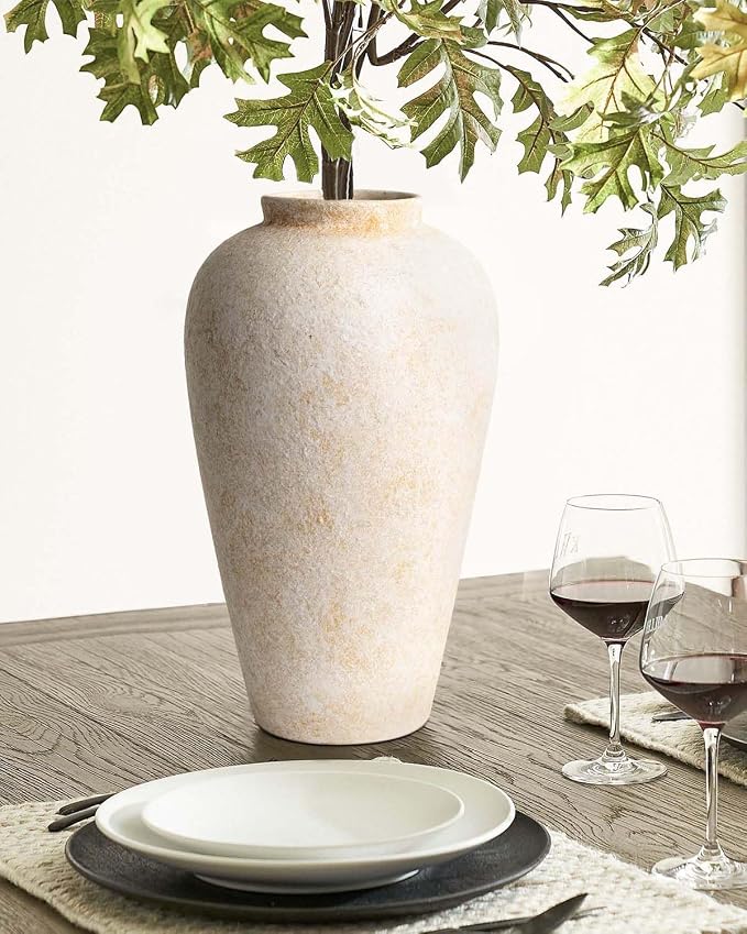 Large Ceramic Rustic Vase 11 Inches, YBX White Ceramic Flower Vase for Centerpieces, Decorative Farmhouse Tall Vase for Home Decor, Living Room, Bedroom, Hallway, Wedding, Table Decorations, Beige