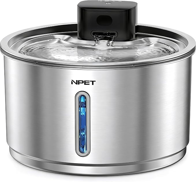 NPET Cordless Cat Water Fountain Stainless Steel, 1Gallon for Cats Indoor | Battery Operated, Automatic Pet Drinking Fountain,Wireless Dog Water Dispenser, With Water Level Window