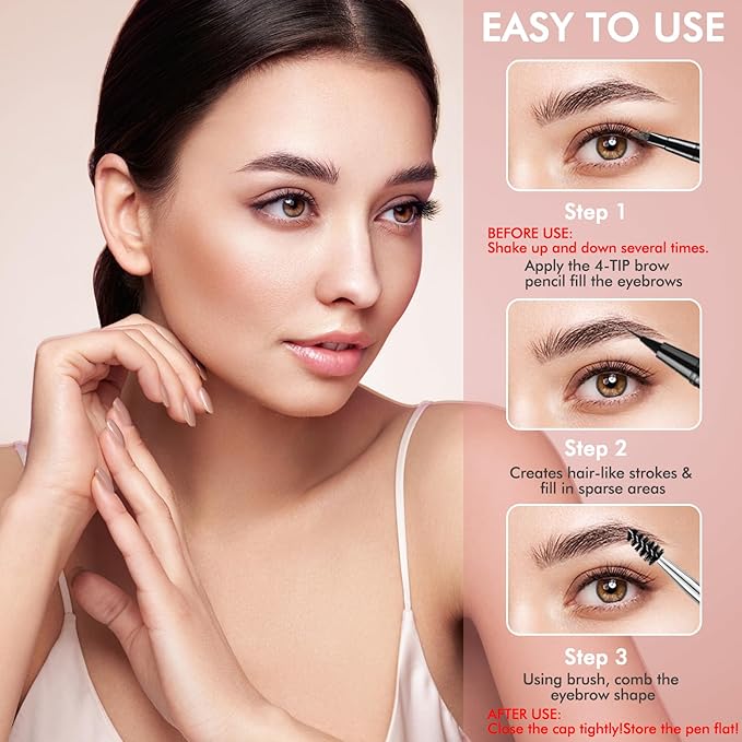 Eyebrow Pencil,2-in-1 Waterproof Eyebrow Pen with 4 Tip Brow Pen and Ultra-Precise Brow Pencil,with Dual-ended Eyebrow Brush,Eyebrow Makeup for Natural Looking Eyebrows-Black