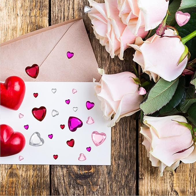 516 Pcs Heart Rhinestones Face Sticker Acrylic Self Adhesive Heart Gems Red Pink Clear Rose Red 6/10/12/18mm