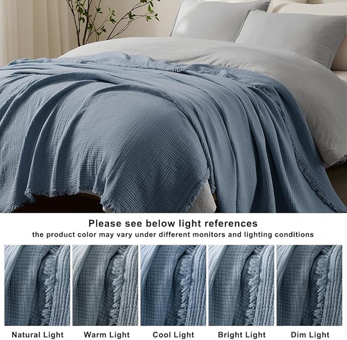 WDCOZY Muslin Throw Blanket 100% Cotton Blankets 4-Layer Breathable Lightweight Soft for Couch Boho Farmhouse Linen Tassels Ruffle Gauze Blankets All Season for Adults 50x60 Inches Dusty Blue