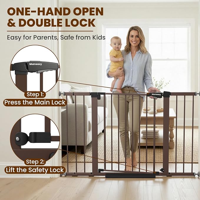 Mumeasy 29.7–48" Baby Gate for Stairs, Dog Gate for Doorways, Auto Close Child Gate, Indoor Safety Pet Gate with Walk Thru Door, Easy Install Pressure Mounted Extra Wide Gate for Kitchen, House, Brown