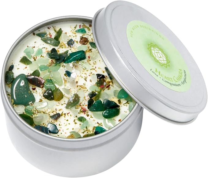 Heart Chakra Candle by New Moon Beginnings - Chakra Candles - Dried Flower, Herb, & Crystal Candles - Aromatherapy Candles - Soy Candle - 8oz Tin
