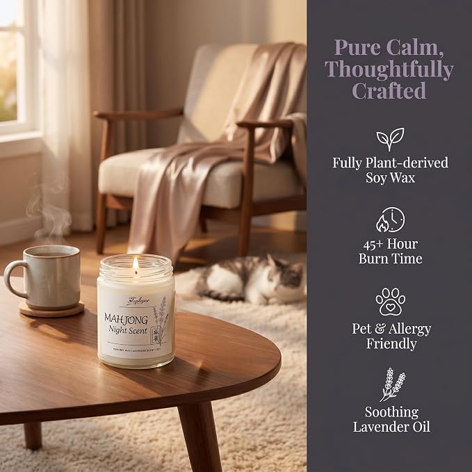 Lavender Candle - Soy Wax Stress Relief & Meditation, 45hr Soot-Free Burn Mahjong Night Scent Candle, 9oz