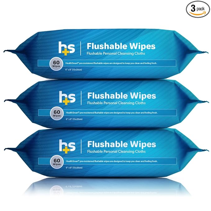 HealthSmart Flushable Wipes, 180 Total Wipes, Gentle on Sensitive Skin, Easily Disintegrates, Alcohol-Free Wipes for Adults or Babies, 3 Packs of 60, FSA & HSA Eligible