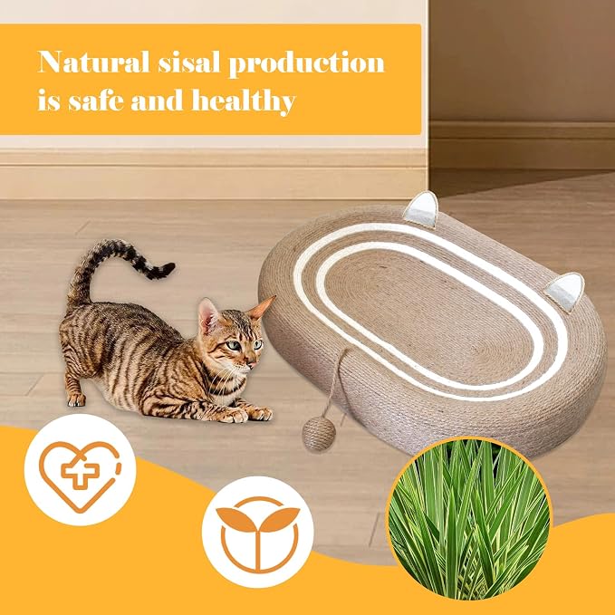 Cat Scratcher Bed 3 in 1 Sisal Cat Scratching Board for Indoor Oval Cat Scratch Pad Durable Scratching Lounge Bed Round Bowl with Toy Balls for Cats Kitten Puppy (24"x15.7"x3.5")