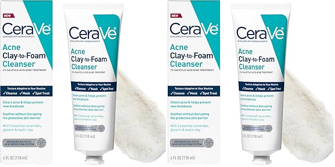 CeraVe Clay To Foam Acne Face Wash,Salicylic Acid & Kaolin Clay Acne Spot Treatment Clears Pimples & Blackheads, Prevents Breakouts, Hydrates & Soothes, Fragrance-Free, Non-Comedogenic,4oz,(Pack of 2)