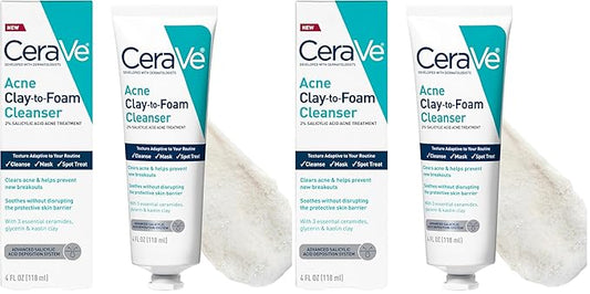 CeraVe Clay To Foam Acne Face Wash,Salicylic Acid & Kaolin Clay Acne Spot Treatment Clears Pimples & Blackheads, Prevents Breakouts, Hydrates & Soothes, Fragrance-Free, Non-Comedogenic,4oz,(Pack of 2)