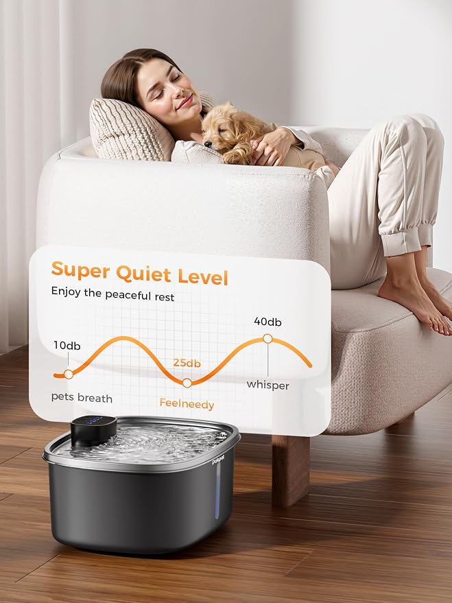 Cat Dog Water Fountain, Stainless Wireless Pet Water Bowl | 10L wireless dog water bowl for large dogs&cats, sensor flow, quiet , 4000mAh battery, 15-25 day runtime and 1 filter set