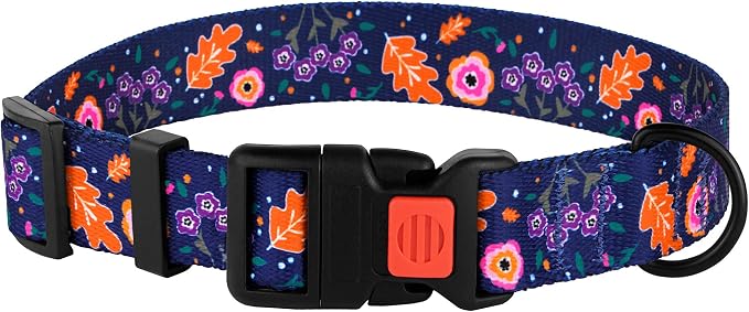 Nylon Dog Collar Floral Pattern Navy Blue 10-13 inch