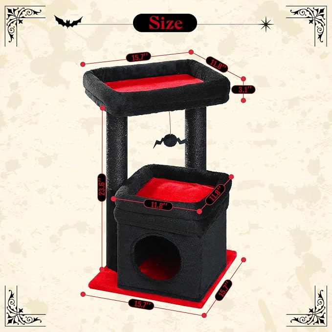 PEQULTI Indoor Cat Tree Tower Small Cats, Sisal Post & Cozy Condo, Black | Private soft cat condo, soft top perch, natural sisal scratch posts, plush pom-pom toy for indoor kitties