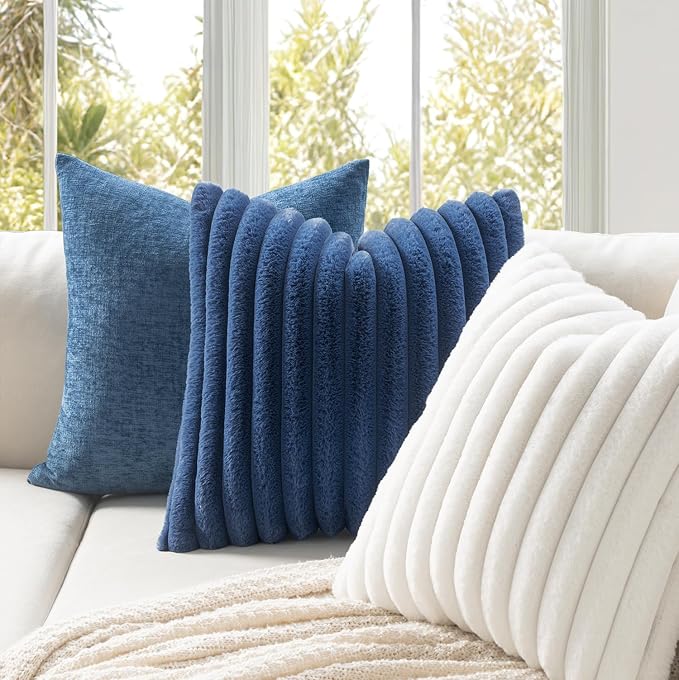 MIULEE Faux Fur Decorative Throw Pillow Covers 16x16 Set of 2 Navy Blue | Coastal Modern Soft Plush Couch Pillows, Cozy Fluffy Cushion Covers for Sofa Bed Living Room Home Decor