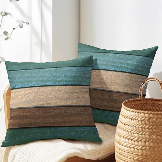 Kawani Wood Board Pillow Covers 22x22 Inches, Set of 2 Blue Green Brown Retro Wooden Decorative Square Pillowcase Cotton Linen Cushion Covers for Living Room Bedroom Sofa Couch