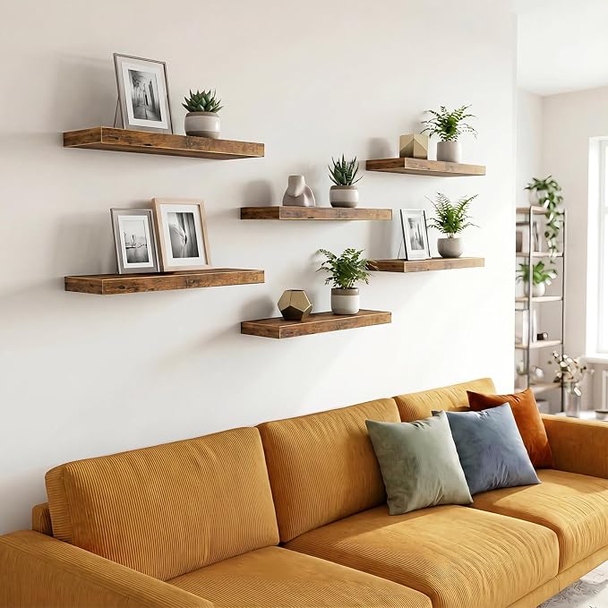 Fixwal Floating Wall Shelves for Decor (Rustic Brown, Set of 6, 15.7 Inch) | MDF Shelves with Metal Brackets, Space Saving for Books, Decor, Works in Bathroom, Kitchen, Living Room, Bedroom