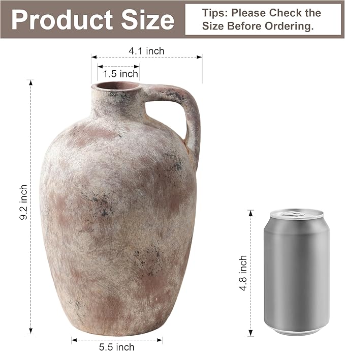 Ceramic Flower Vase with Handles,10" Neutral Tall Clay Terracotta Vases Farmhouse Table Vases with Handle Living Room Decor Rustic Pottery Pots for Home Shelf Coffee Dining Desk Fireplace