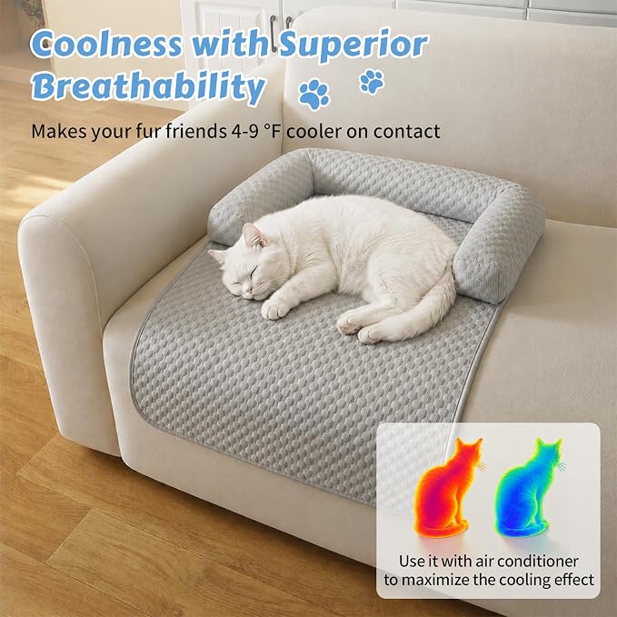 Cooling Pet Bed Mats with Neck & Head Support, 31.5 x 23.62 inch Grey | for Small and Medium Dogs & Cats, Non-Slip, Machine Washable, Protects Sofa from Fur & Scratches