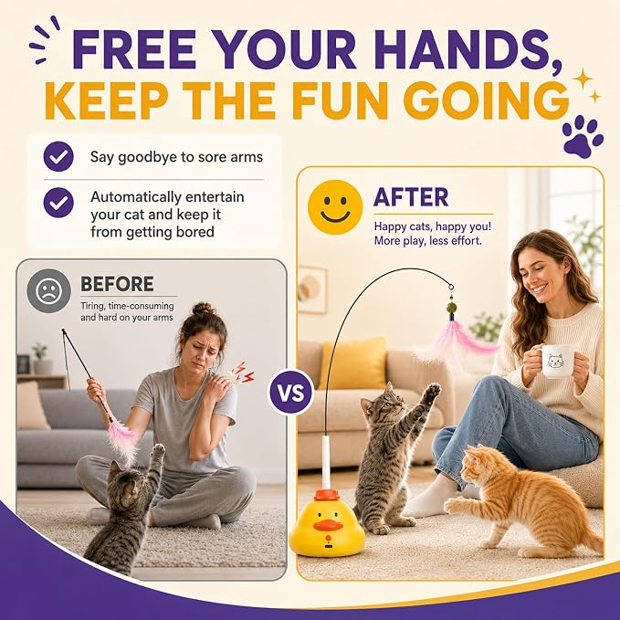 Automatic Cat Toys, Interactive Cat Toys for Indoor Cats | 360° Rotating Moving Cat Fishing Pole Toy, 2 Speeds with Bird Sound, 8cm Suction Cup & Weighted Base