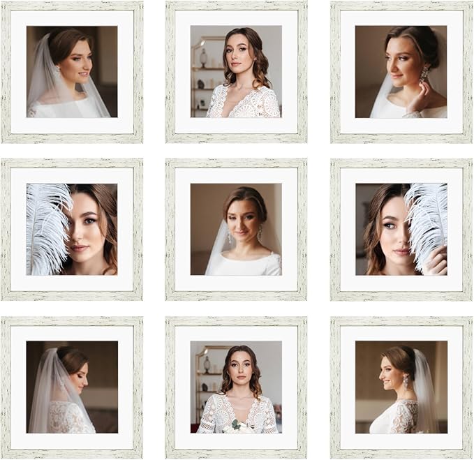 10x10 Picture Frame Set of 9, Display Pictures 8x8 with Mat or 10x10 without Mat, Multi Collage Gallery Square Photo Frames for Wall or Tabletop, Distressed White