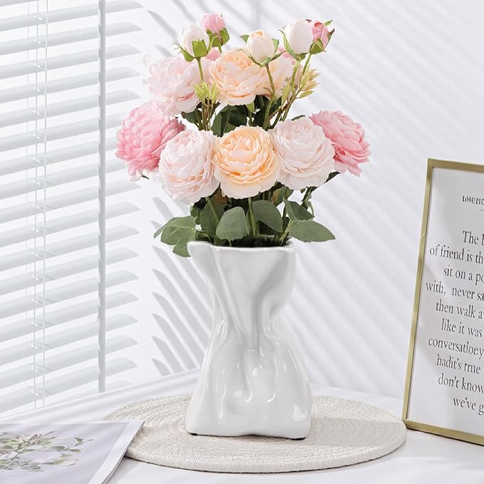 7.6 Inch Thick Crinkled Paper Bag Vase White Ceramic Vase for Home Decor, Unique Glossy Flower Vases for Dining Table, Shelves, Entryway, Living Room, Boho Decorative Vases for Flowers, Gift