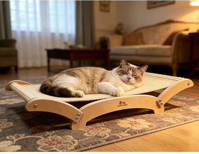 Extra-Large Sisal Cat Scratcher Bed for Indoor Cats, Cat Scratching Post with Hammock Nartural Sisal Scratch Pad for Large Cats Scratcher Lounge Chair, Wooden Cat Furniture (Light Nartural)