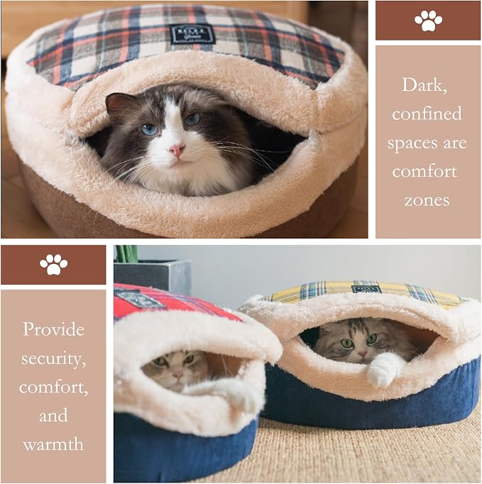 Cat Bed Cave - Enclosed Hideaway with Detachable Lid & Mat for Kitten (Redwhite) | Covered round house, Removable top, Separate liner, Cozy privacy nook, Apartment-friendly shelter, Easy cleaning setup