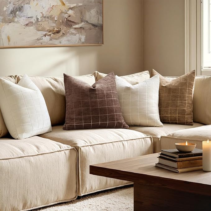 MIULEE Reddish Brown Plaid Fall Euro Throw Pillow Covers 24x24 Set of 2 | Vintage, Check Chenille Couch Pillows, Boho Farmhouse Cushion Covers, Modern Home Decor for Sofa Bed Living Room