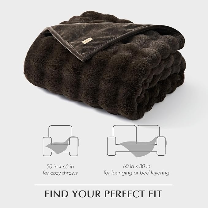 Faux Rabbit Fur Bubble Throw Blanket, 50"x60", Dark Brown | Ultra Soft, Luxury Faux Rabbit Fur Throw, Thick Warm Bubble Blanket, Cozy Fluffy Reversible, for Bed, Couch, Chair, Sofa