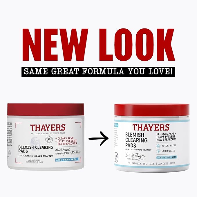 Thayers Blemish Clearing Acne Pads, Salicylic Acid Acne Treatment for Face, Pore Reducing, Exfoliating, and Soothing Skincare, Witch Hazel Toner Pads, 60 Ct
