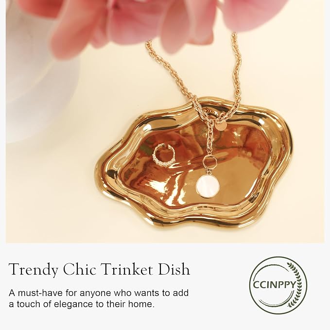 CCINPPY Ceramic Cloud Jewelry Tray Trinket Dish Key Bowl Nightstand Decor | Decorative Small Desk Tray Jewelry Plate Key Holder Bowl Cute Bedroom Room Decor Aesthetic, Gift for Women, Gold Large
