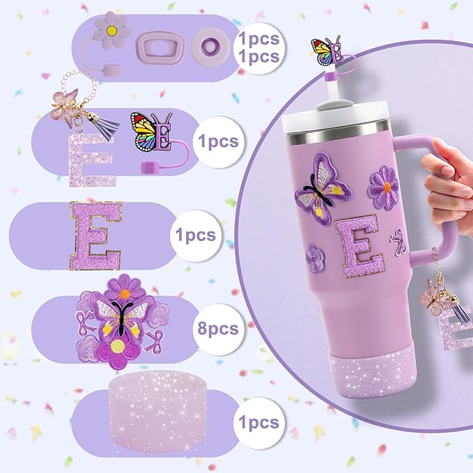 15PCS Cup Accessories Set for Stanley Cup 30oz 40oz Tumbler with Handle, Including Silicone Straw Cover and Boot, Spill Proof Stopper, Stanley Charms, Handle Charm, Initials Sticker