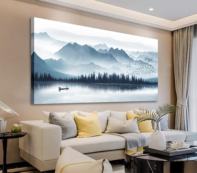 arteWOODS Indigo Canvas Wall Art - Misty Mountain & Foggy Lake Boat Painting - Grey Blue Forest Birds - 20" x 40" Canvas Wall Decor for Living Room