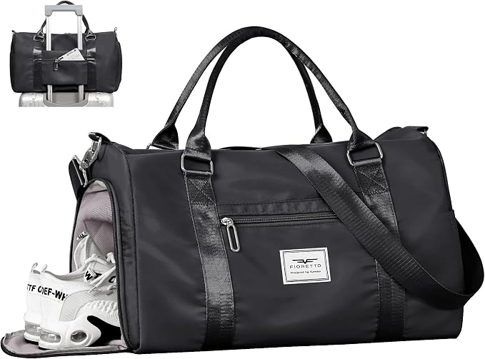 FIORETTO Womens Gym Tote Duffle Bag with Wet Pocket & Shoe Compartment, Sports Duffel Overnight Weekender Hospital Workout Carry on Bag for Girls, Ideal for Travel, Swimming, Dance, Ballet Black