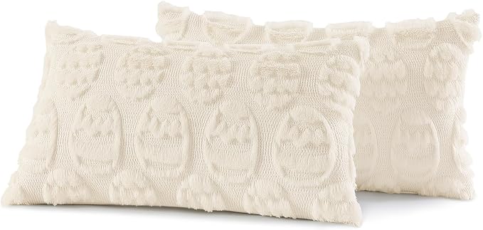 decorUhome Cream White Faux Fur Egg Throw Pillow Covers 12x20 Set of 2 | Plush Soft Wool Jacquard Cream White Cushion Covers, Modern Farmhouse Easter Holiday Decor Pillow Covers for Couch Sofa Bed