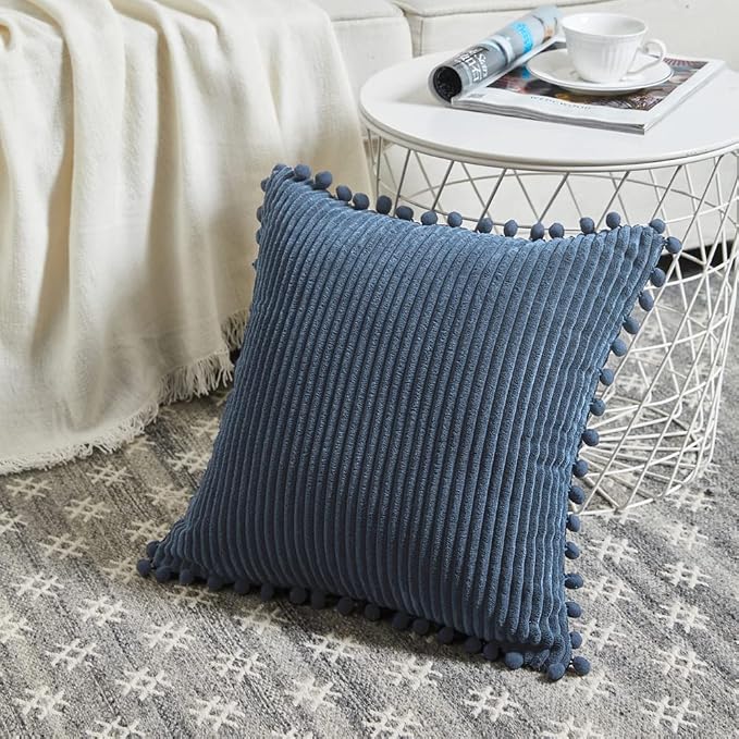 Fancy Homi Pack of 2 Dusty Blue Decorative Throw Pillow Covers 16x16 Inch with Pom-poms for Living Room Couch Bedroom, Soft Corduroy Solid Square Cushion Case 40x40 cm, Rustic Farmhouse Home Decor