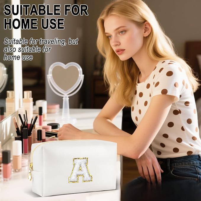 URSKYTOUS Gifts for Girls Initial Makeup Bag Personalized Cosmetic Bag with Zipper Cute Travel Toiletry Bags Waterproof PU Preppy Makeup Pouch Birthday Gift for Teen Girls Women(White A)