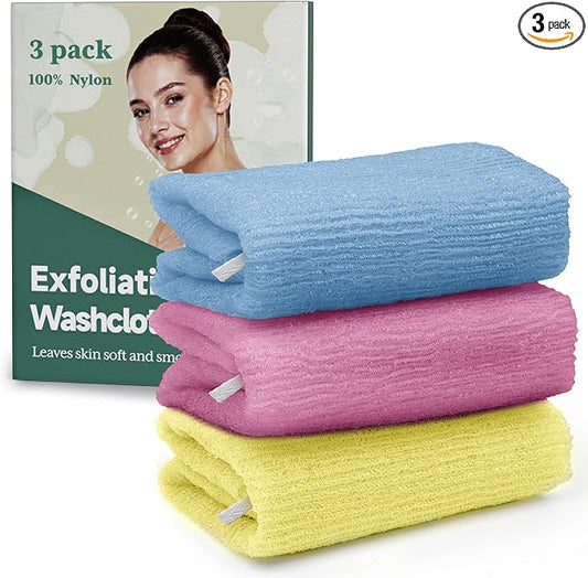 Bathway Exfoliating Washcloth, Nylon Bath Towel Body Scrubber with Hanging Strap, Back Scrubber for Shower Japanese Washcloth Loofah - Deep Clean & Rich Lather (Blue & Rose Red & Yellow, Pack of 3)
