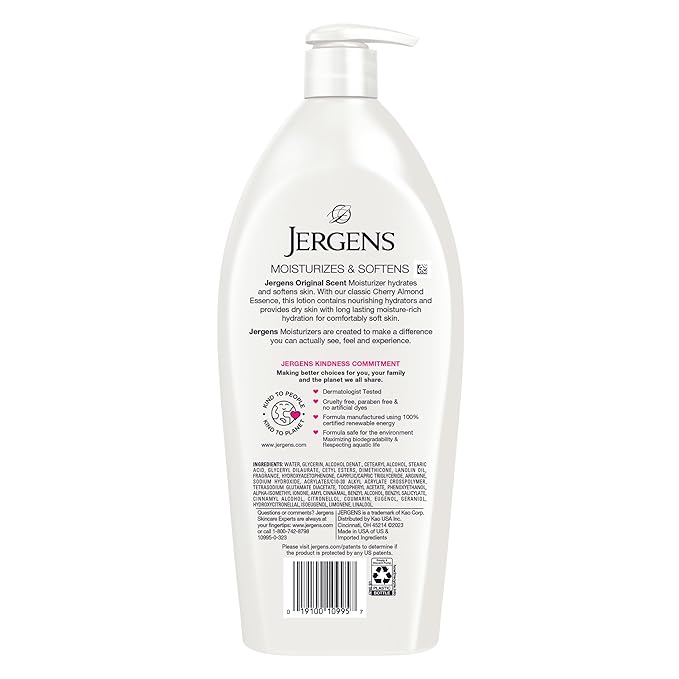Jergens Original Scent Dry Skin Lotion, Body and Hand Moisturizer for Long Lasting Skin Hydration, with HYDRALUCENCE blend and Cherry Almond Essence, 32 Ounce (Pack of 2)