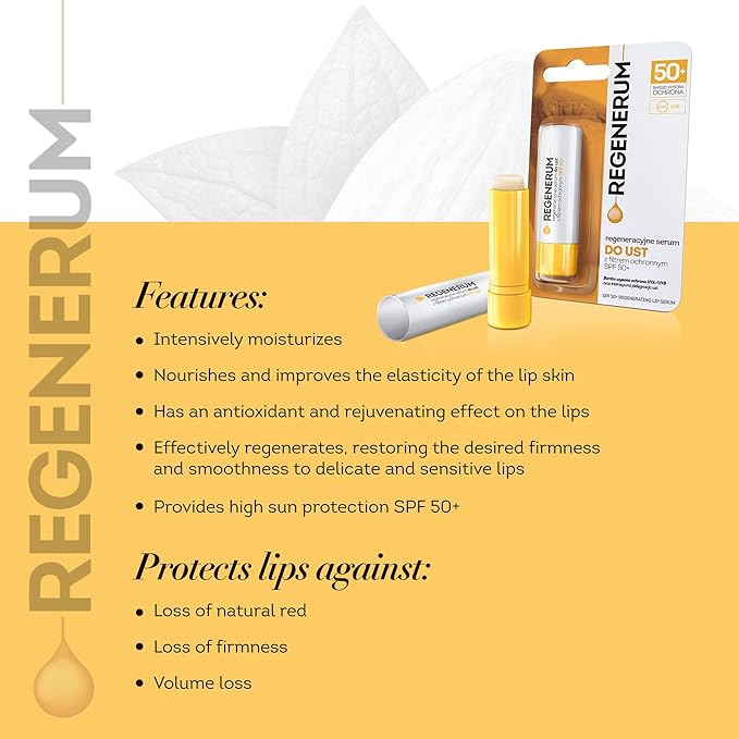 Regenerum - SPF 50+ Regenerating Lip Serum - Sunscreen and Conditioner, Hydrating and Nourishing Vitamin E Prevents Dryness and Pigment Loss - 5g
