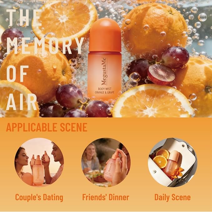 Orange & Grape Body Spray for Women, Long Lasting Citrus Fruits Perfume Mist, Paraben Free Phthalate Free, Lightweight Non-Sticky Gentle Skin Safe Daily Fragrance, Travel Size 3.38 fl oz