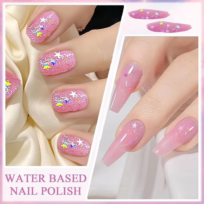 NovaCharm Soft Pink Glitter Nail Color, Water Based Quick Dry Non Toxic Polish with Bar & Star Glitter, Reflective Sparkly Pink Nail Color for Women & Girls DIY Home Nail Art, 9 ML