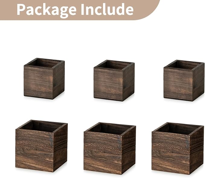 NUPTIO Small Wooden Box for Centerpiece, Brown, Square, 4"/5", 6 Pcs | Farmhouse Wood Vases Planter, for Fall Decor, Windowsill, Home, Garden