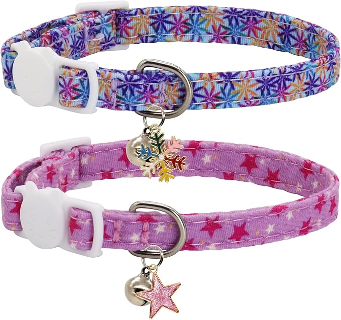 Cat Collars for Girl Cats & Boys, 2 Pack Soft Cotton Breakaway Collar with Removable Bell and Cute Charms, Adjustable Safety Pet Necklace, Colorful