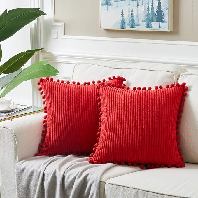 Fancy Homi Pack of 2 Red Decorative Throw Pillow Covers with Pom-poms 18 x18, Soft Corduroy Solid Square Cushion Cases Set for Couch Sofa Bedroom Car Living Room (18x18 Inch/45x45 cm, Red)
