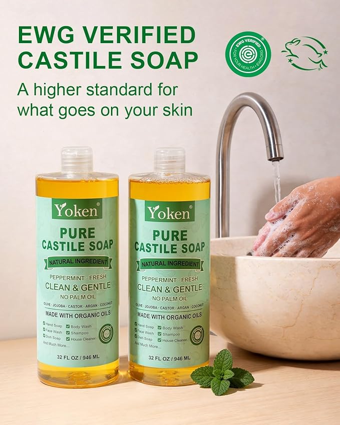 Yoken Peppermint Castile Soap Liquid (EWG Verified, 2pack 32 OZ) Made with Certified Organic Oils, Gentle Peppermint Soap for Body Wash, Face, Dishes, Laundry & More, Vegan Natural Versatile Cleanser